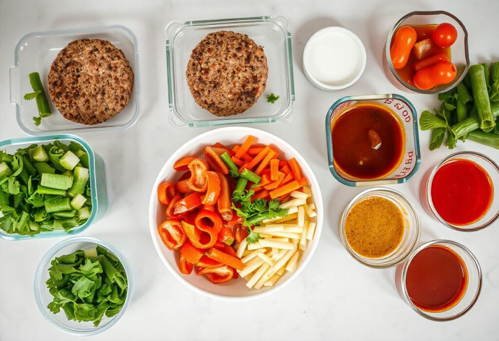 Prepped ingredients for a burger bowl, including burger patties, chopped vegetables, and sauces ready for assembly