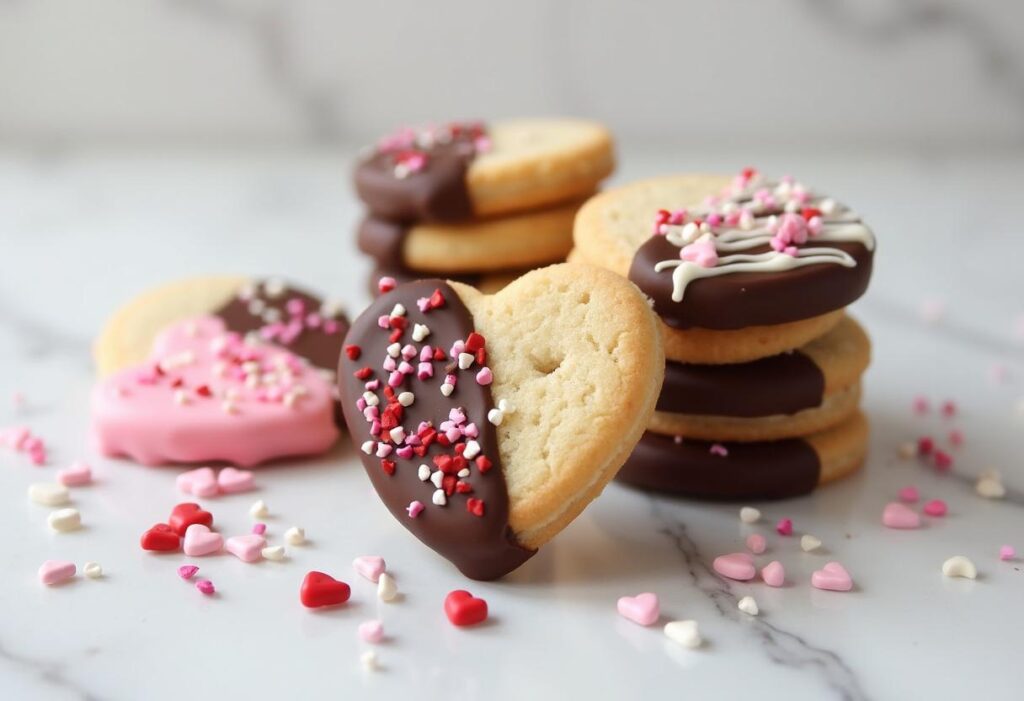 Chocolate-dipped Valentines Day cookies with colorful sprinkles.