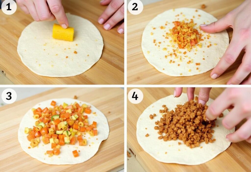 A step-by-step photo of taco assembly with vibrant toppings.