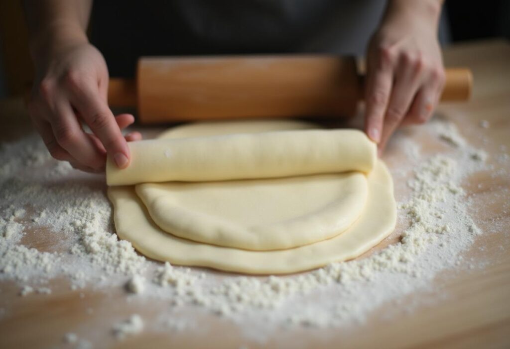 Close-up of hands rolling gipfeli dough on a floured surface, showcasing the authenticity of homemade baking.