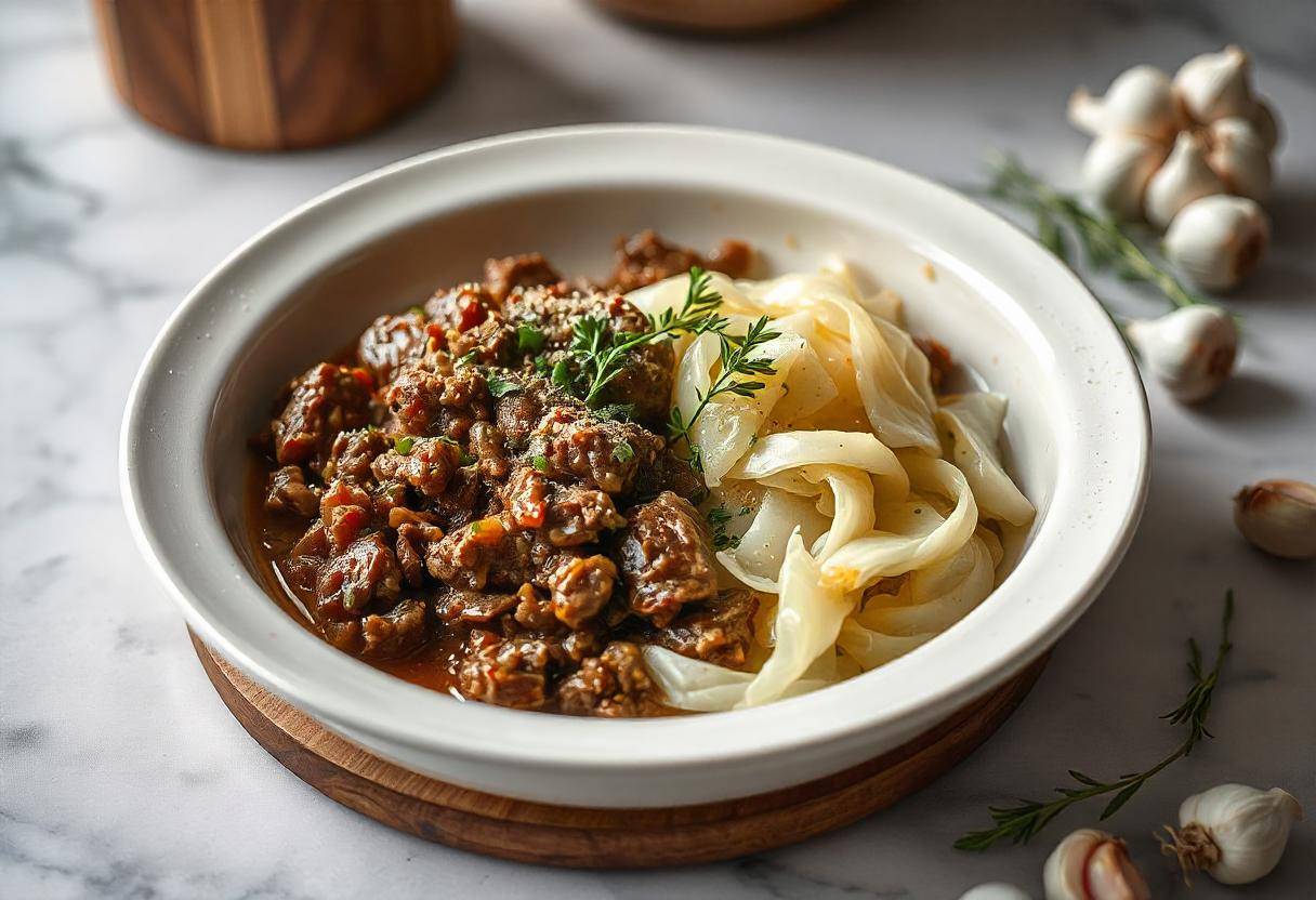 Delicious ground beef and cabbage dish served with fresh herbs and seasoning on a rustic wooden table.