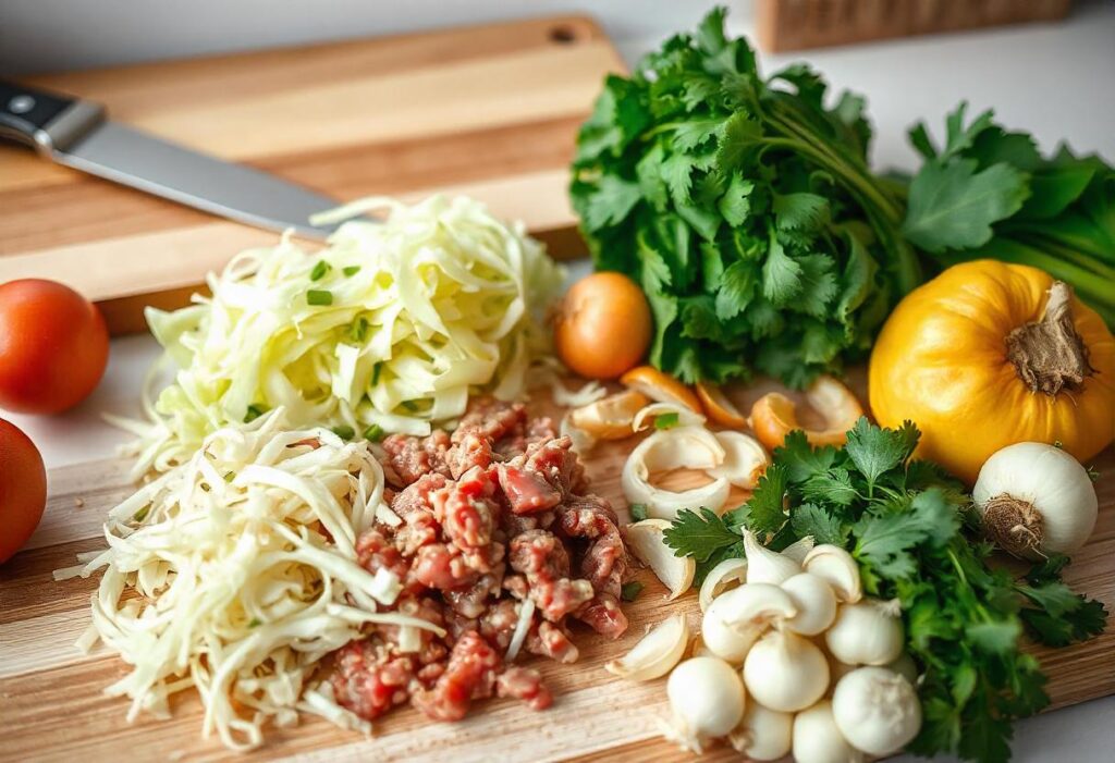 Fresh ground beef, shredded cabbage, and aromatic vegetables arranged on a kitchen counter.