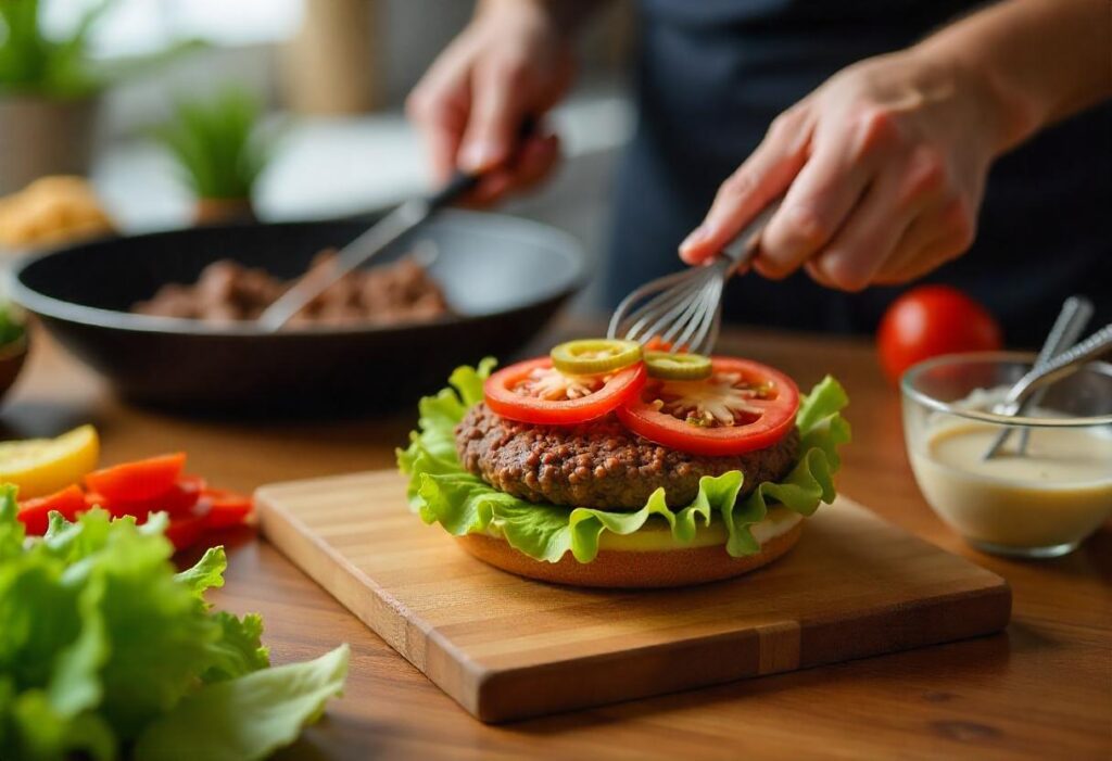 A delicious and satisfying keto-friendly burger bowl made with lettuce, avocado, grilled patty, and low-carb dressing for a healthy meal.