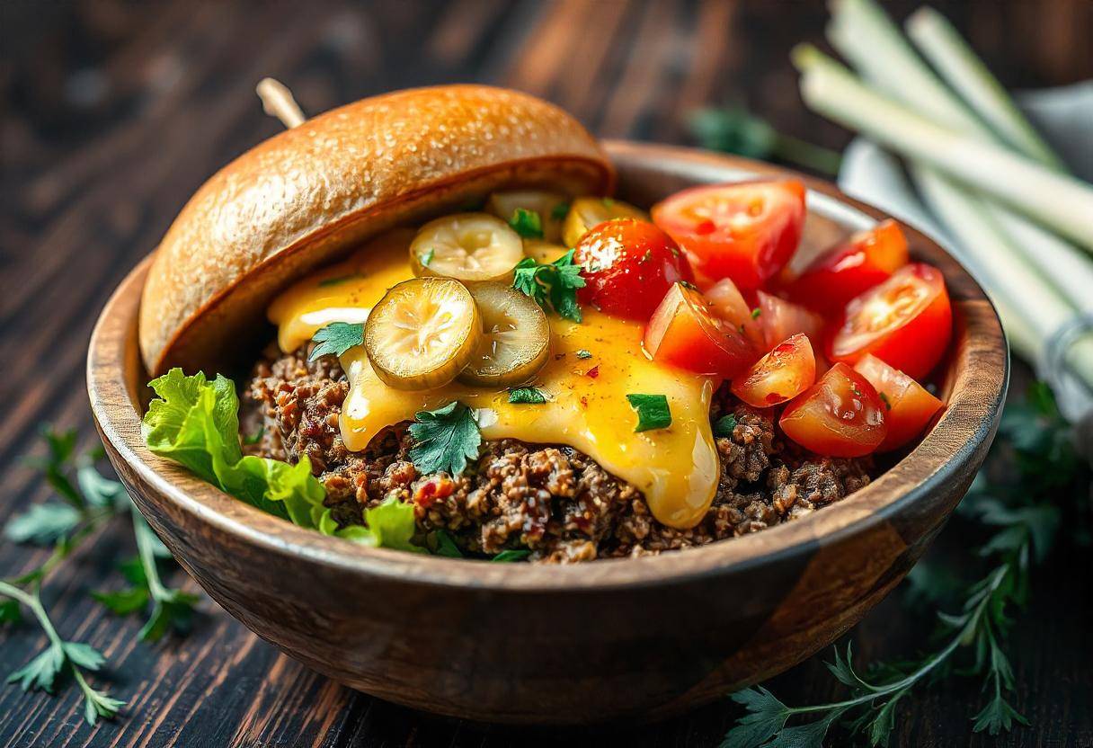 A close-up view of a delicious burger bowl with fresh ingredients, including grilled patty, tomatoes, onions, and sauce.