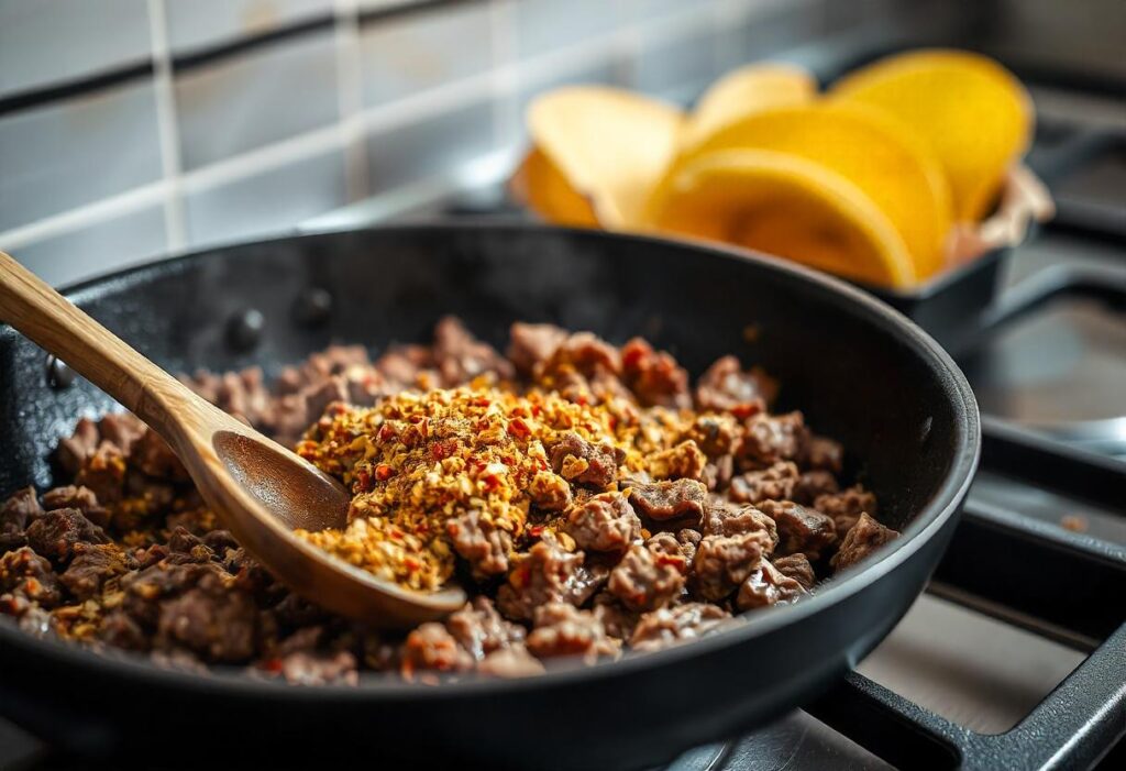 Ground beef cooked with taco seasoning in a sizzling skillet