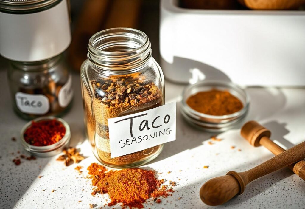 Homemade taco seasoning stored in a mason jar with labels