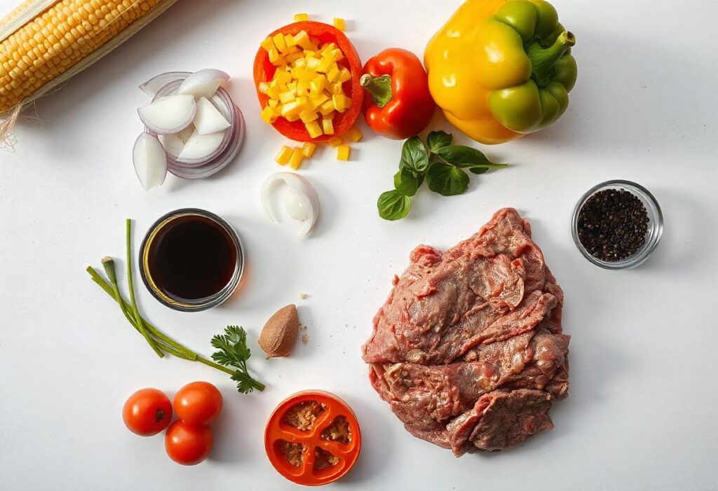  Fresh ingredients for Pepper Lunch recipe including beef, corn, bell peppers, and soy sauce.