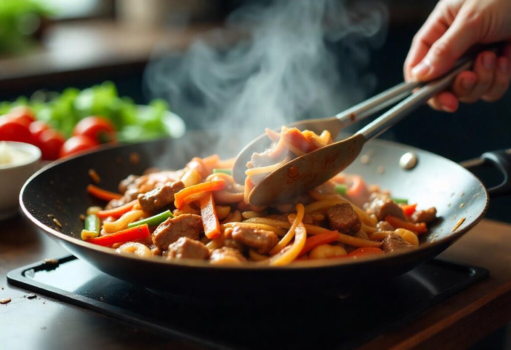  Stir-frying beef and vegetables on a sizzling hot plate for Pepper Lunch recipe.