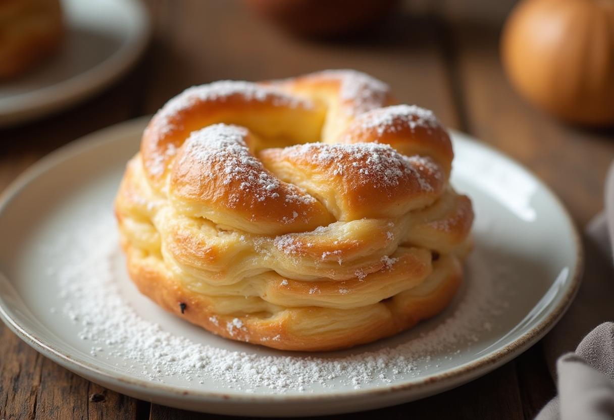 A close-up of a gipfeli pastry with golden layers, dusted with powdered sugar, served on a white plate in a cozy kitchen.