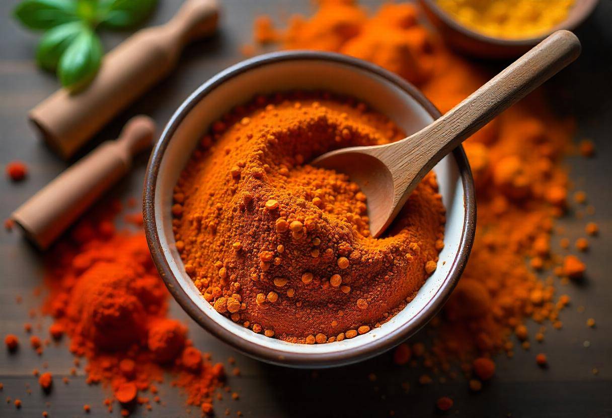 Homemade taco seasoning blend with spices in a wooden bowl