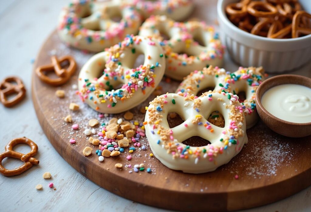 White chocolate covered pretzels topped with colorful sprinkles and nuts, arranged on a wooden serving board.