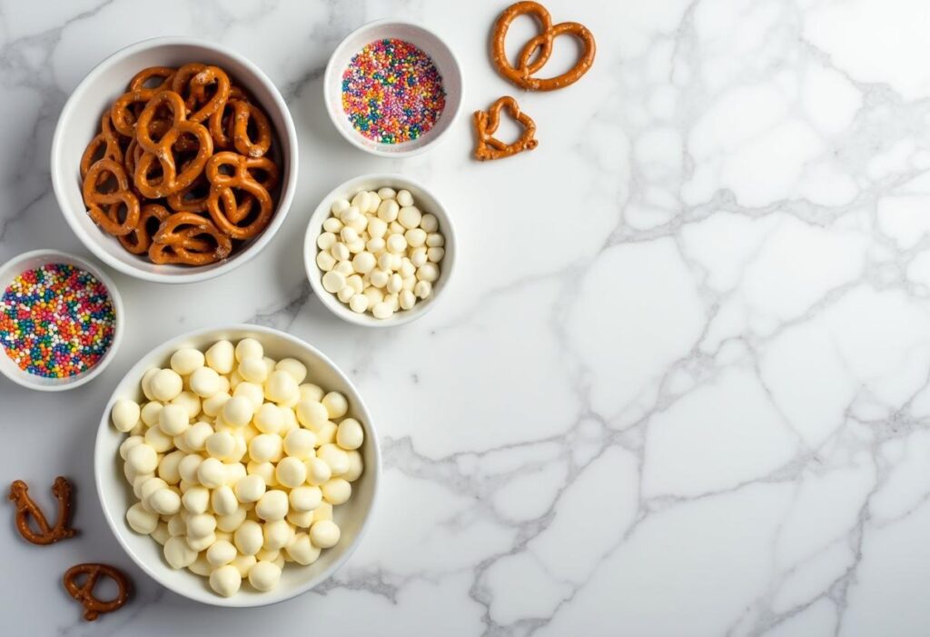  Ingredients for white chocolate covered pretzels, including pretzels, white chocolate chips, and sprinkles, arranged on a marble counter.