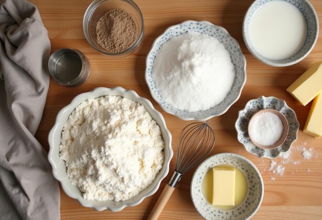 A neat arrangement of ingredients for making gipfeli pastry including flour, butter, sugar, and milk, on a wooden countertop.