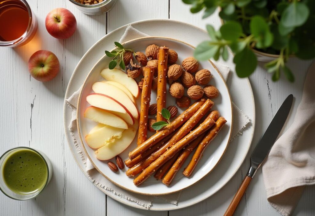 Healthy snack plate with pretzel rods, apple slices, nuts, and a cup of tea on a ceramic plate.