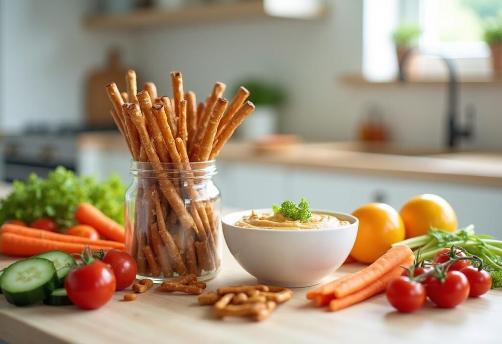 Whole grain pretzel rods with hummus and fresh vegetables on a bright kitchen countertop.