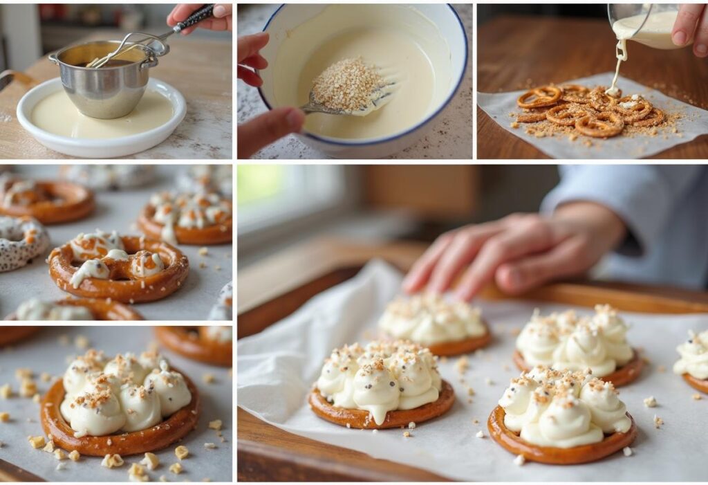 Step-by-step process of making white chocolate covered pretzels, from melting chocolate to adding sprinkles.