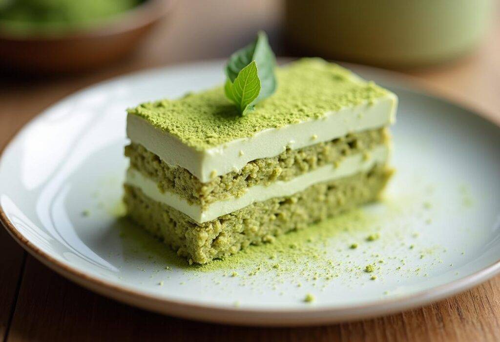 Matcha tiramisu served on a white plate, garnished with matcha powder, elegant presentation.