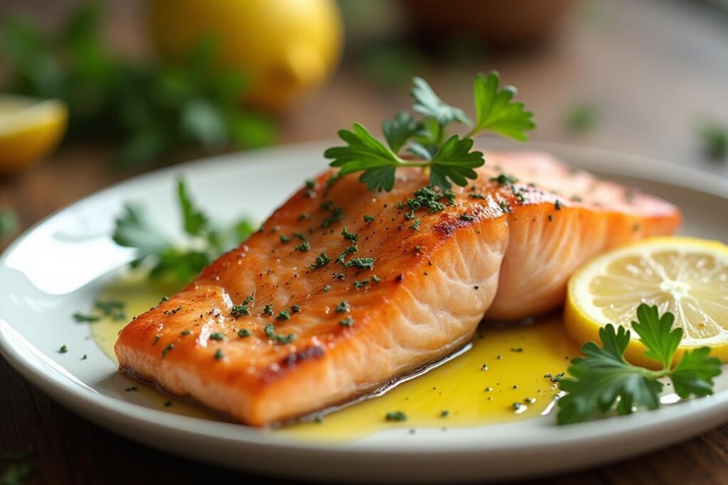 Baked salmon recipe garnished with parsley and lemon.