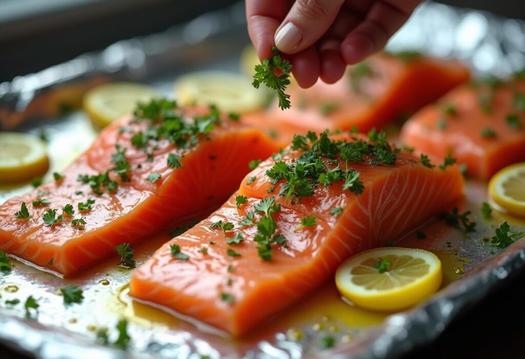 Preparing salmon for baking with lemon and olive oil.