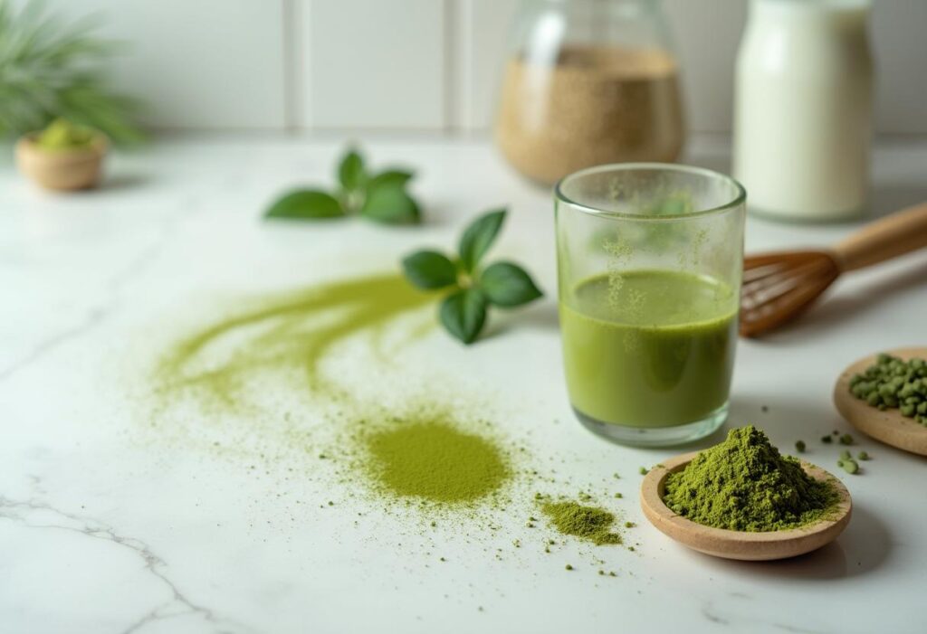  Matcha powder in a small bowl with a whisk, ready for the tiramisu preparation.