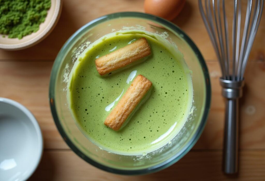  Dipping ladyfingers into matcha soak, ready to layer in the tiramisu.