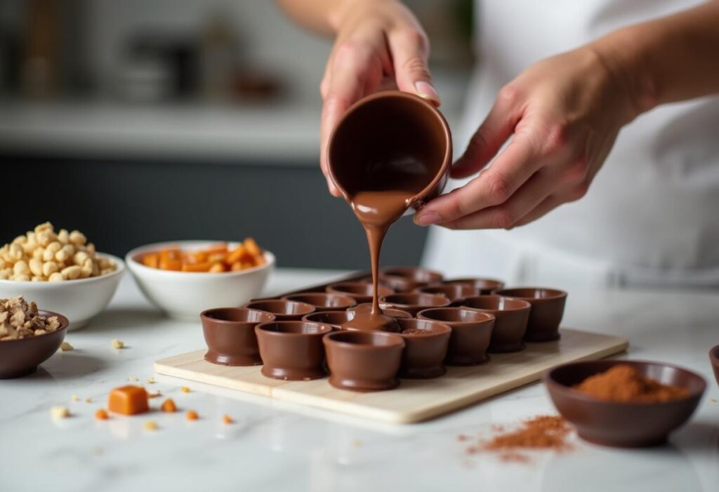 Hands pouring melted milk chocolate into a mold surrounded by ingredients like nuts and caramel for a Dubai chocolate bar recipe.