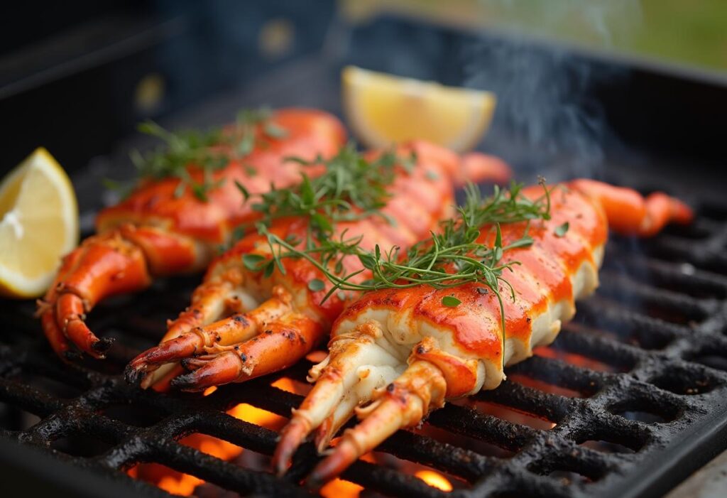 A beautifully arranged platter of snow crab legs with lemon wedges, melted butter, and fresh herbs. The tender meat is visible inside the cracked legs.