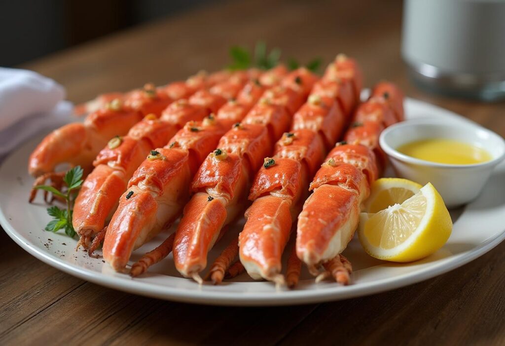 A beautifully arranged platter of snow crab legs with lemon wedges, melted butter, and fresh herbs. The tender meat is visible inside the cracked legs.