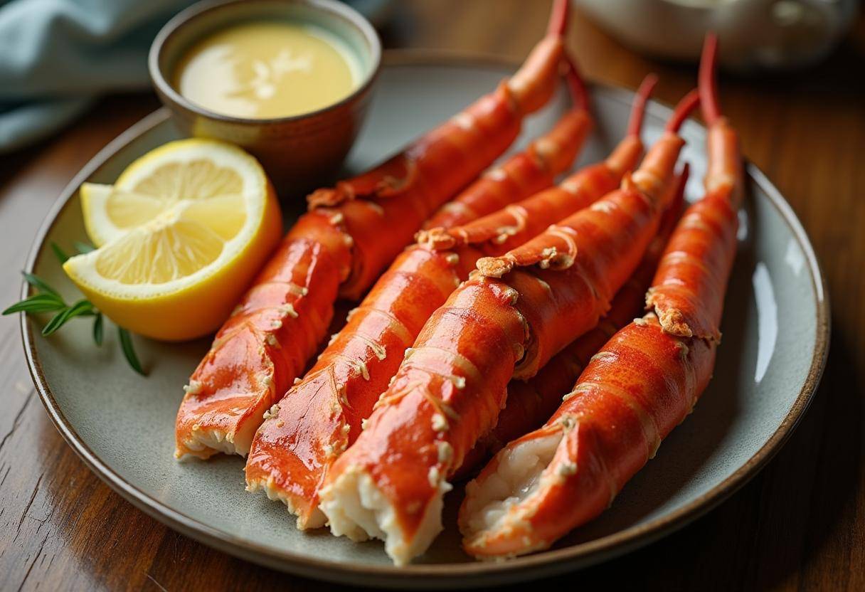 A beautifully arranged platter of snow crab legs with lemon wedges, melted butter, and fresh herbs. The tender meat is visible inside the cracked legs.