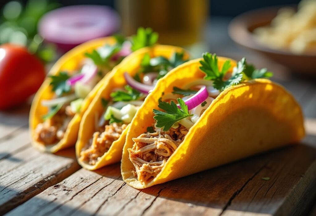 A plate with chicken tacos showing portion sizes and nutrition facts.