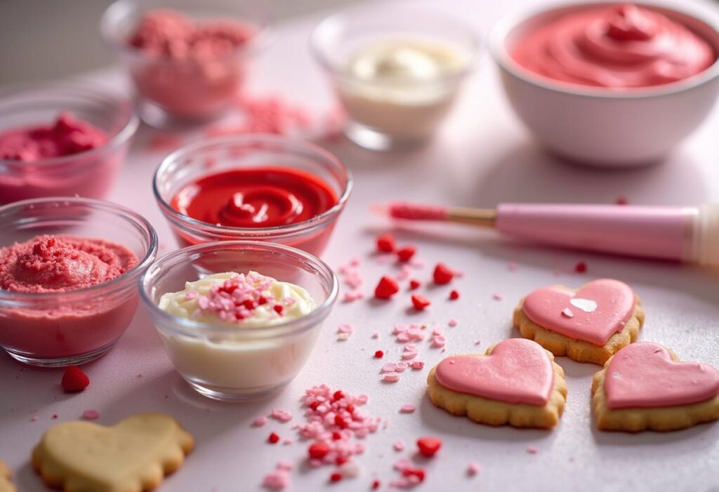 Valentine’s Day cookie-decorating supplies and tools.