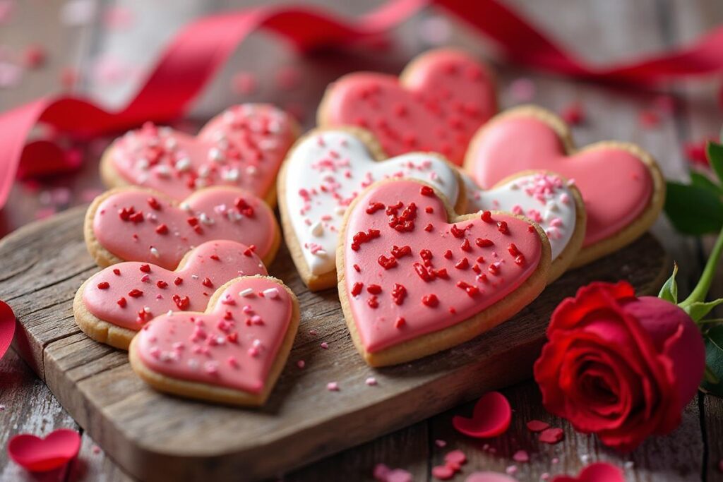 Heart-shaped Valentine’s Day cookies decorated with red and pink icing.