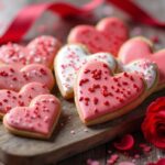 Heart-shaped Valentine’s Day cookies decorated with red and pink icing.