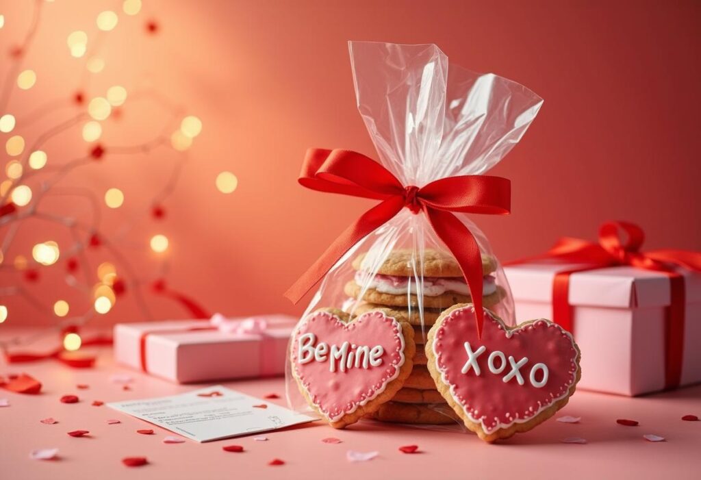 Packaged Valentines Day cookies with a red ribbon.