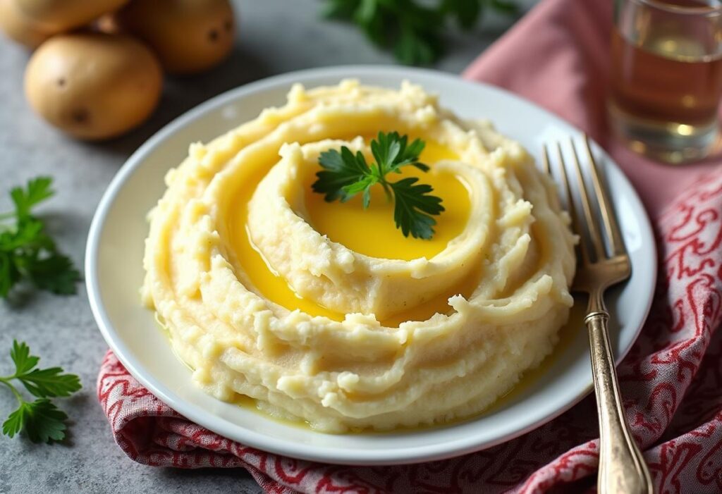 Creamy mashed red potatoes with parsley garnish.