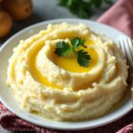 Creamy mashed red potatoes with parsley garnish.