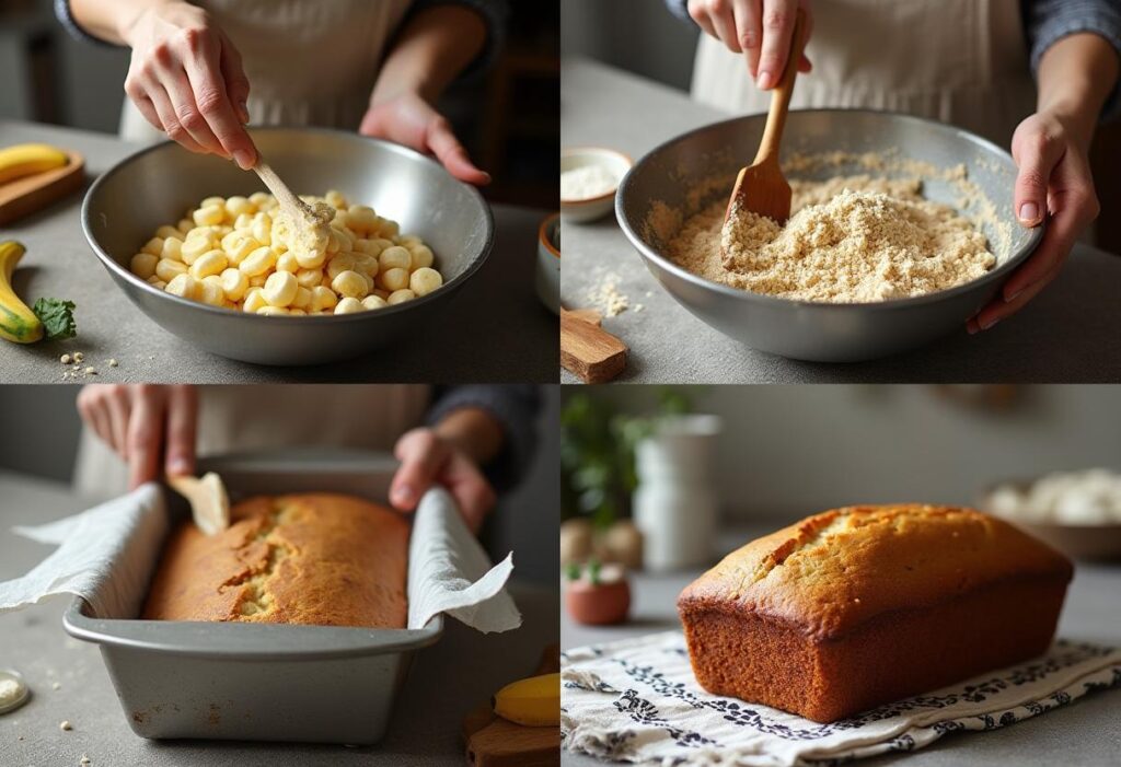 Hands mashing ripe bananas in a mixing bowl, with a fork, preparing to make banana bread.