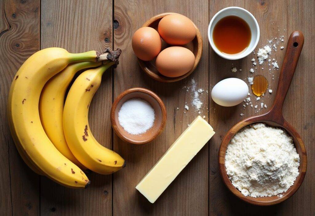 Ingredients for banana bread including ripe bananas, flour, sugar, eggs, and butter arranged on a wooden surface.