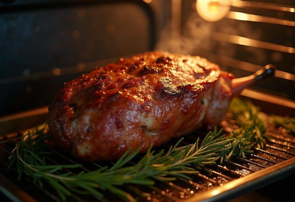 Venison roast baking in the oven with a crispy golden crust.