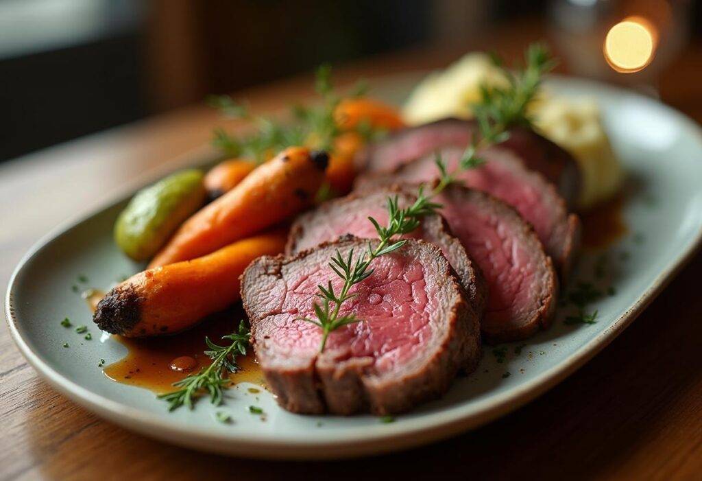 Sliced venison roast served with mashed potatoes and roasted vegetables.