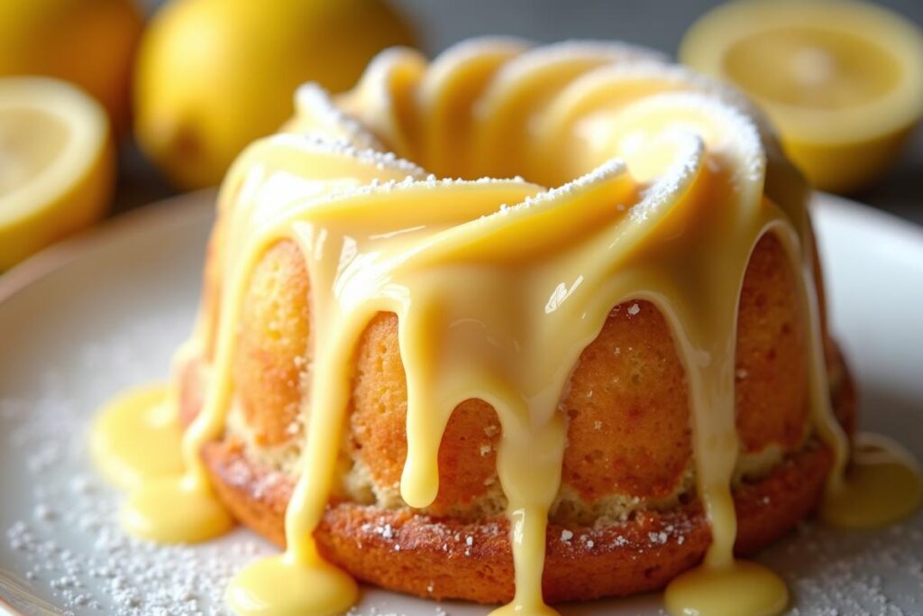 Lemon bundtlet with creamy frosting.